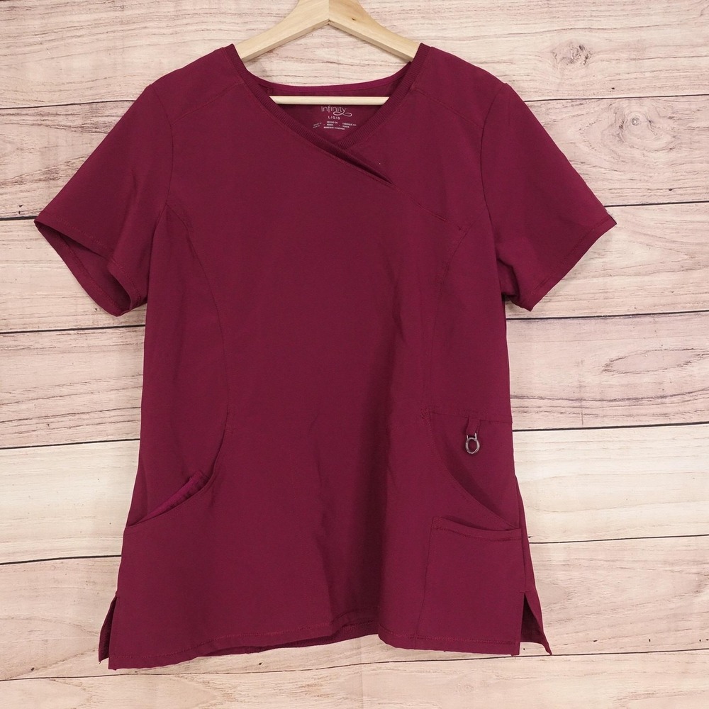 Cherokee Infinity Scrubs Top L Red V Neck Knit Panel Pockets Medical Womens